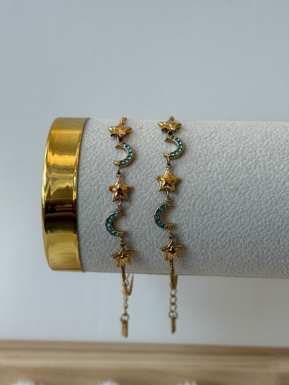 Gold-tone Star & Crescent Stainless Steel Bracelet with Teal Crystals